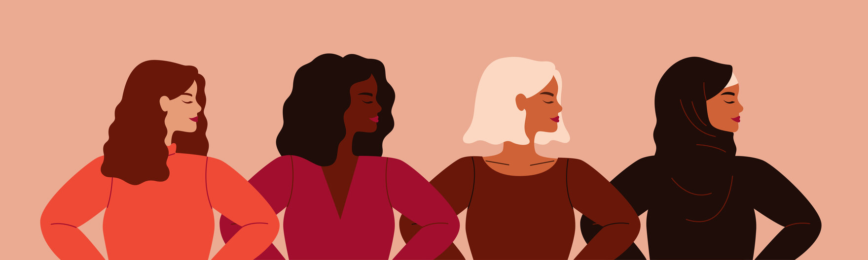 Illustration von vier diversen als Frauen gelesene Personen hüftaufwärts