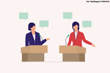 Ilustration von zwei als Frau gelesenen Personen, die hinter je einem Podium stehen und miteinander diskutieren.