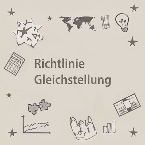 Illustration diverse Gegenstände und des Textes "Richtlinie Gleichstellung"